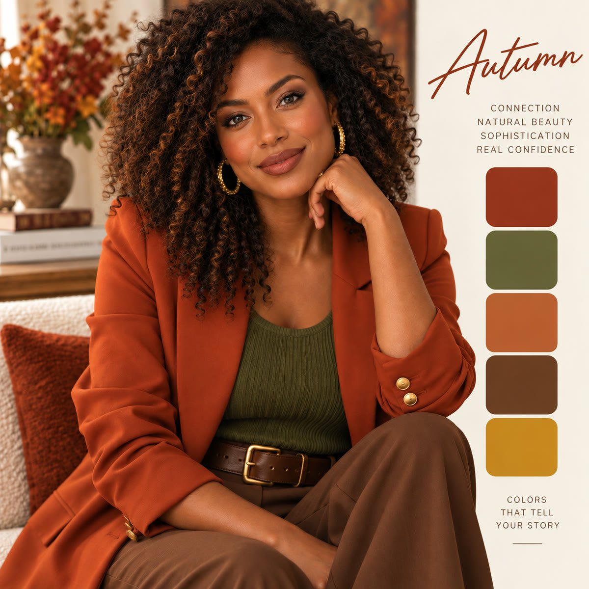 Autumn: a woman in a rust blazer over an olive top and brown trousers, with her Autumn color palette