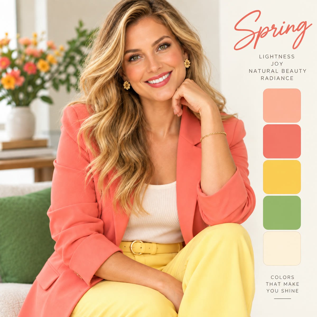 Spring: a woman in a coral blazer over a cream top and soft yellow trousers, with her Spring color palette