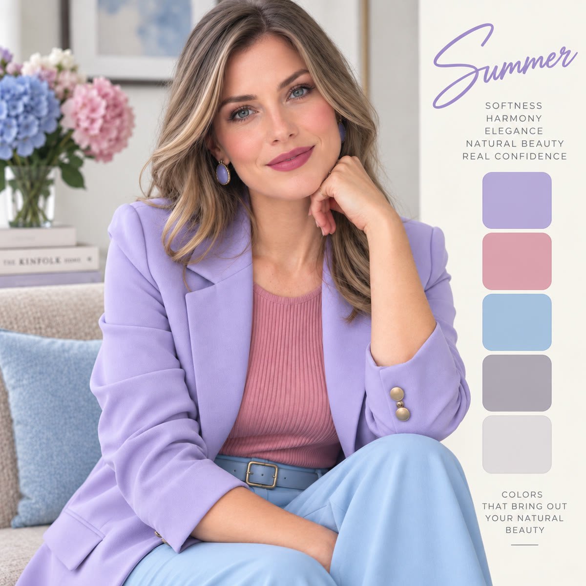 Summer: a woman in a lavender blazer over a dusty rose top and soft blue trousers, with her Summer color palette