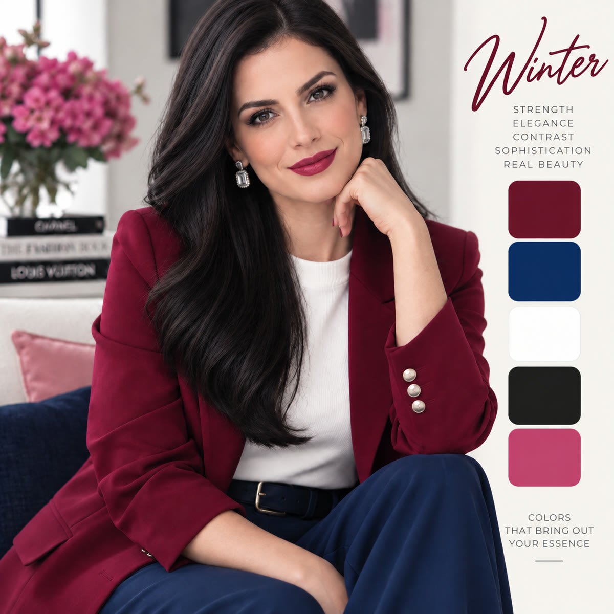 Winter: a woman in a burgundy blazer over a crisp white top and navy trousers, with her Winter color palette